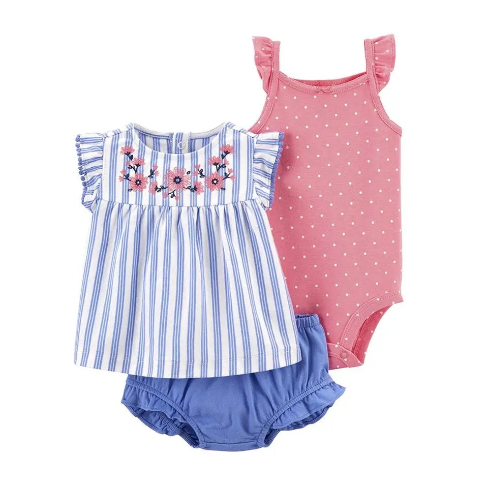 Baby Girl 3-Piece Embroidered Ruffle Top, Bodysuit & Little short Set