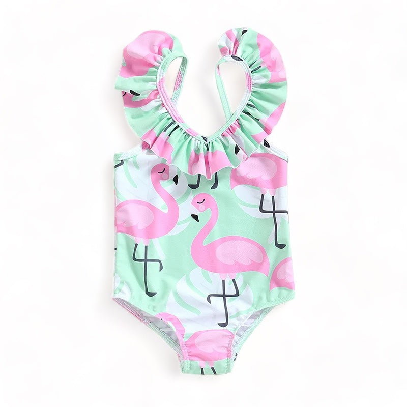 Baby Girls' one-piece swimsuit with Flamingo print and ruffles.