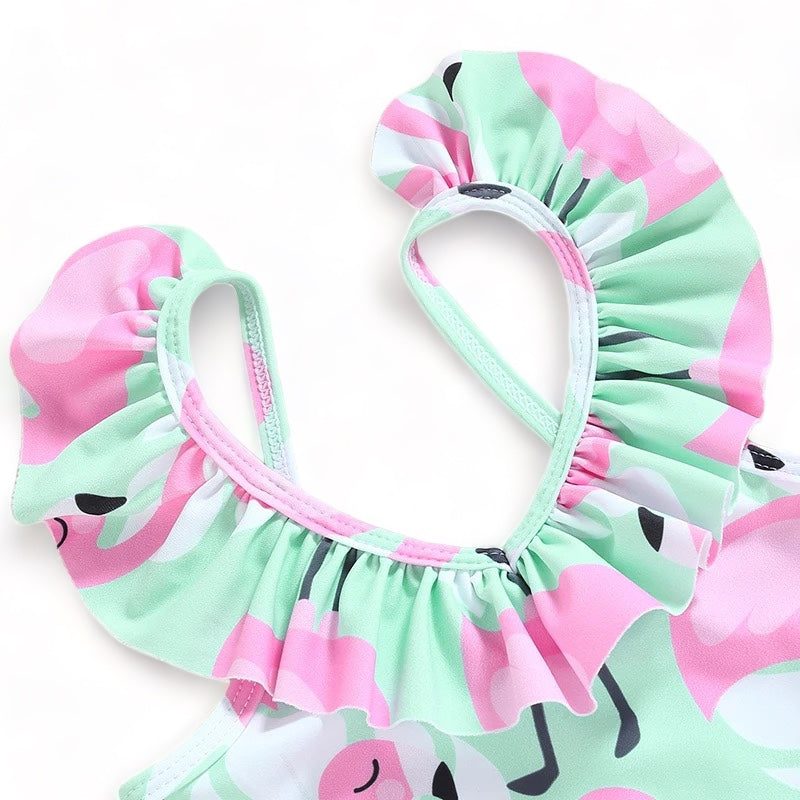 Baby Girls' one-piece swimsuit with Flamingo print and ruffles.