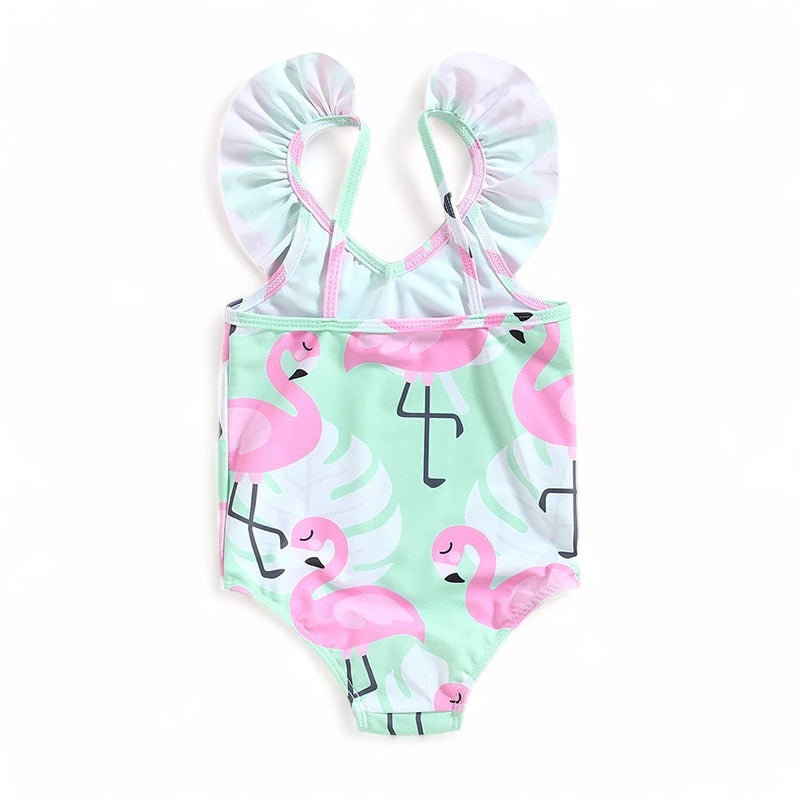 Baby Girls' one-piece swimsuit with Flamingo print and ruffles.